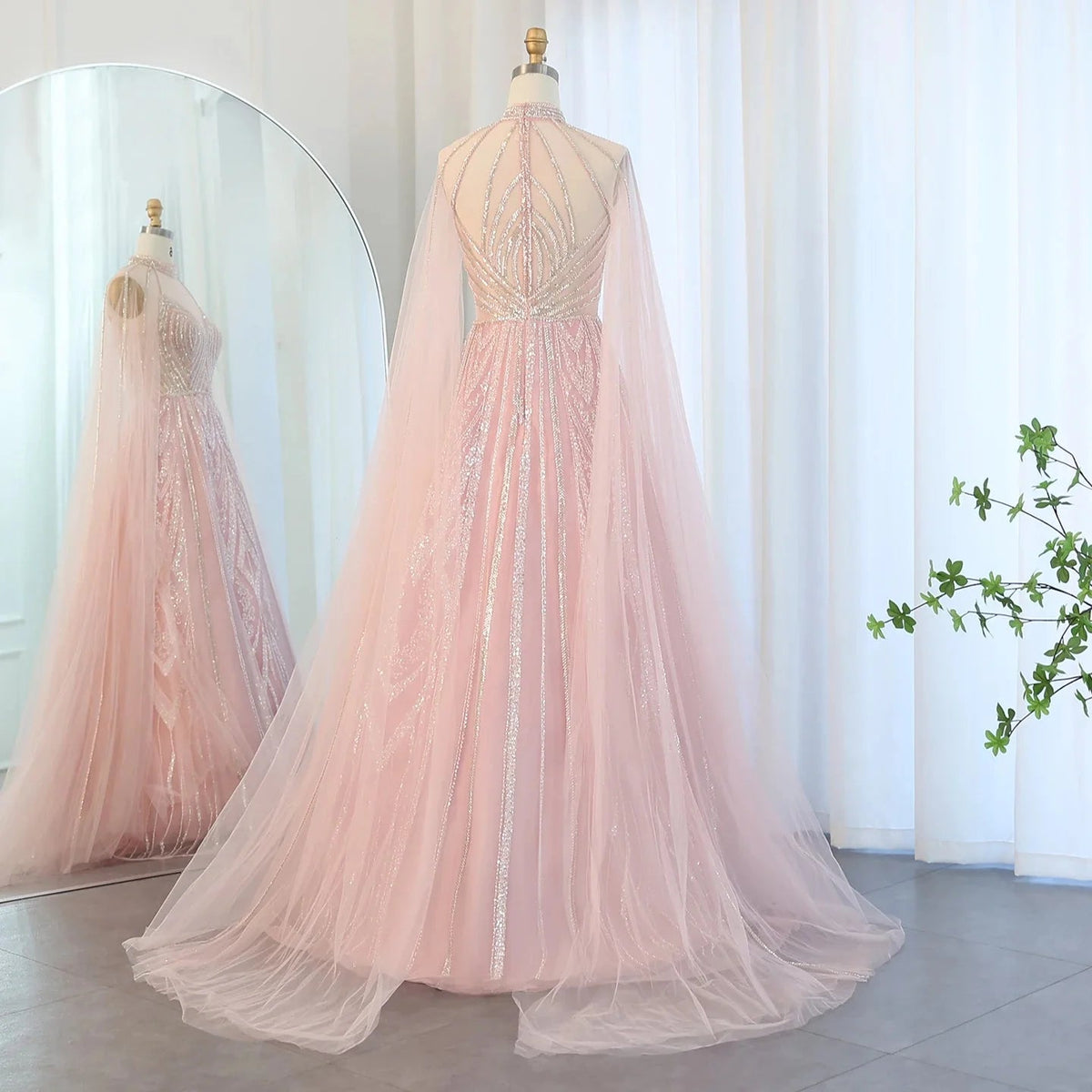 Luxury Dubai A-line Blue Evening Dress with Cape Sleeves Elegant Pink Yellow Plus Size for Women Wedding Party SS090