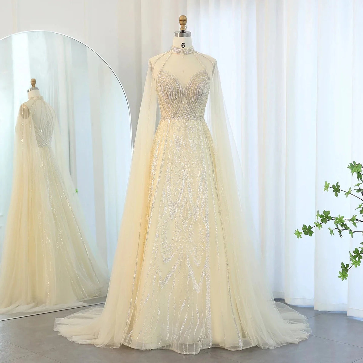 Luxury Dubai A-line Blue Evening Dress with Cape Sleeves Elegant Pink Yellow Plus Size for Women Wedding Party SS090