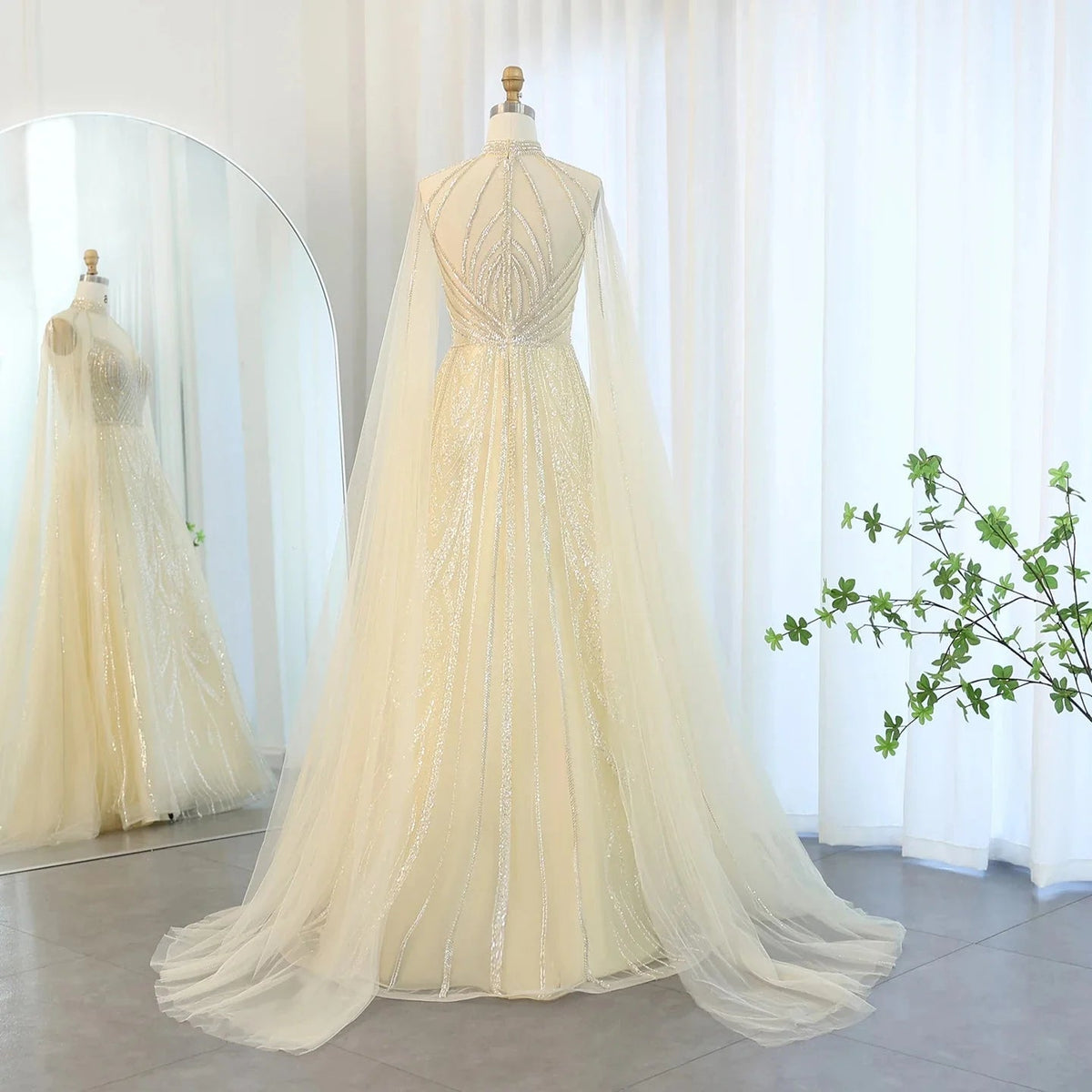 Luxury Dubai A-line Blue Evening Dress with Cape Sleeves Elegant Pink Yellow Plus Size for Women Wedding Party SS090