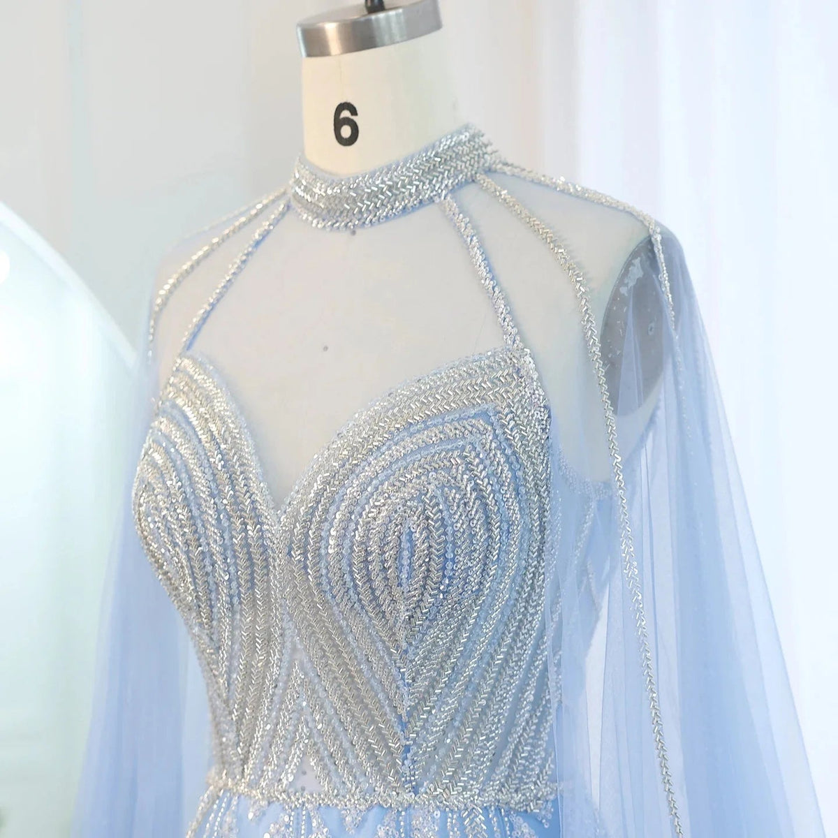 Luxury Dubai A-line Blue Evening Dress with Cape Sleeves Elegant Pink Yellow Plus Size for Women Wedding Party SS090