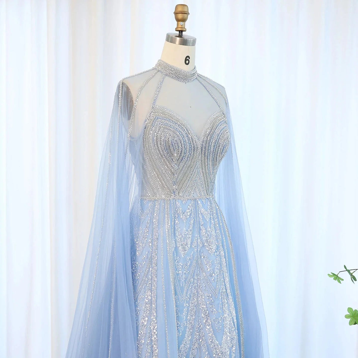 Luxury Dubai A-line Blue Evening Dress with Cape Sleeves Elegant Pink Yellow Plus Size for Women Wedding Party SS090