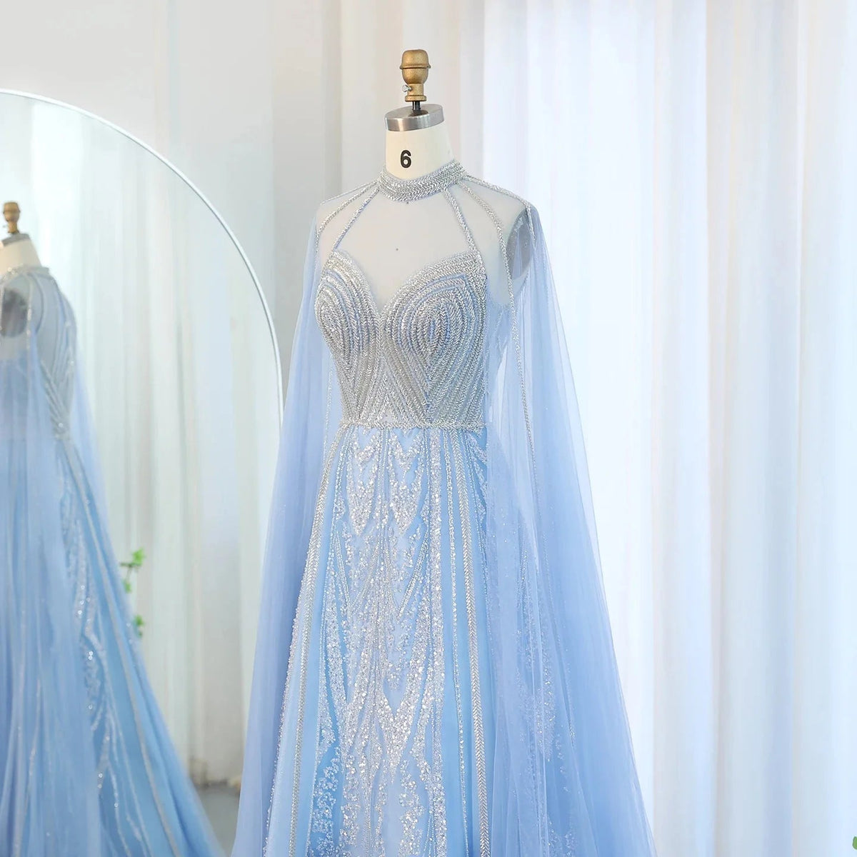 Luxury Dubai A-line Blue Evening Dress with Cape Sleeves Elegant Pink Yellow Plus Size for Women Wedding Party SS090