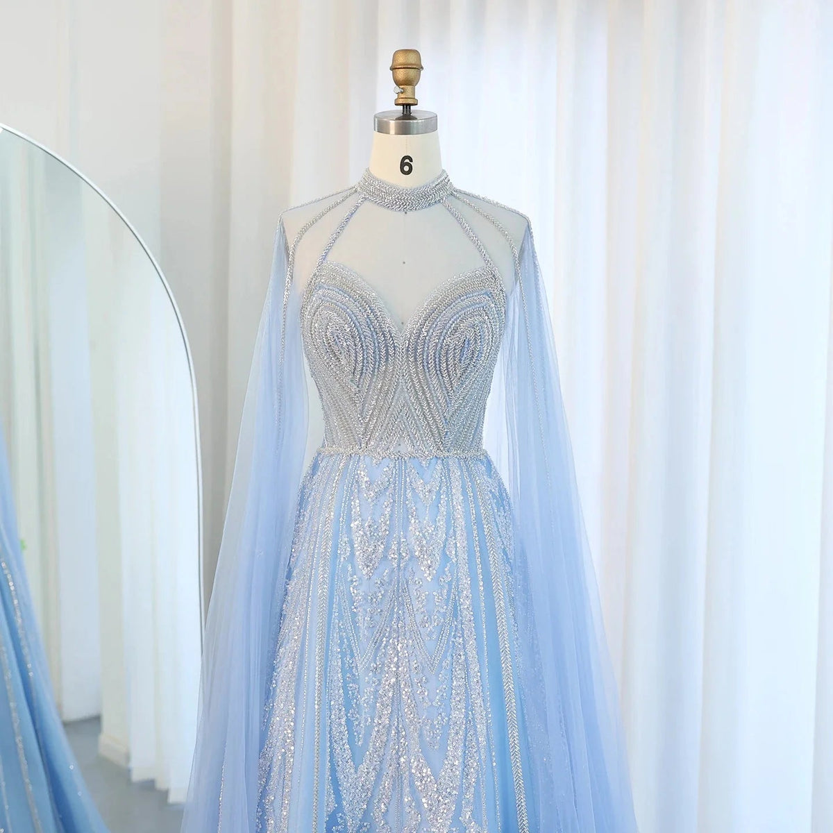 Luxury Dubai A-line Blue Evening Dress with Cape Sleeves Elegant Pink Yellow Plus Size for Women Wedding Party SS090