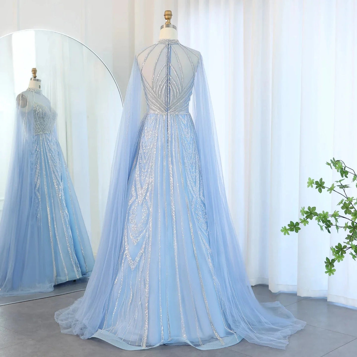 Luxury Dubai A-line Blue Evening Dress with Cape Sleeves Elegant Pink Yellow Plus Size for Women Wedding Party SS090