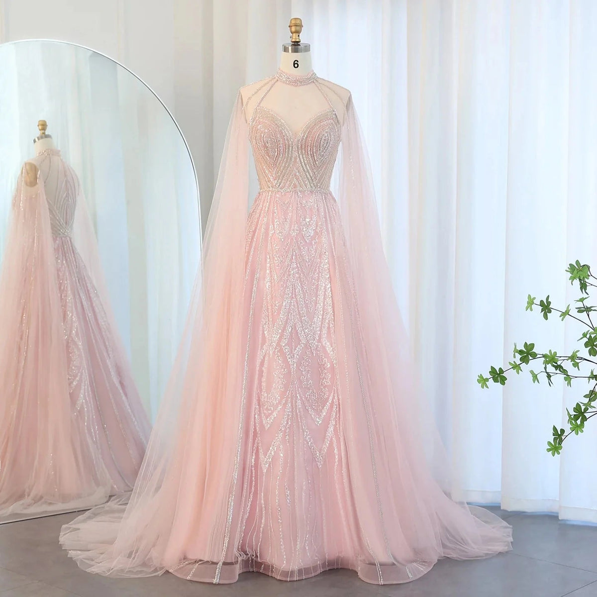 Luxury Dubai A-line Blue Evening Dress with Cape Sleeves Elegant Pink Yellow Plus Size for Women Wedding Party SS090