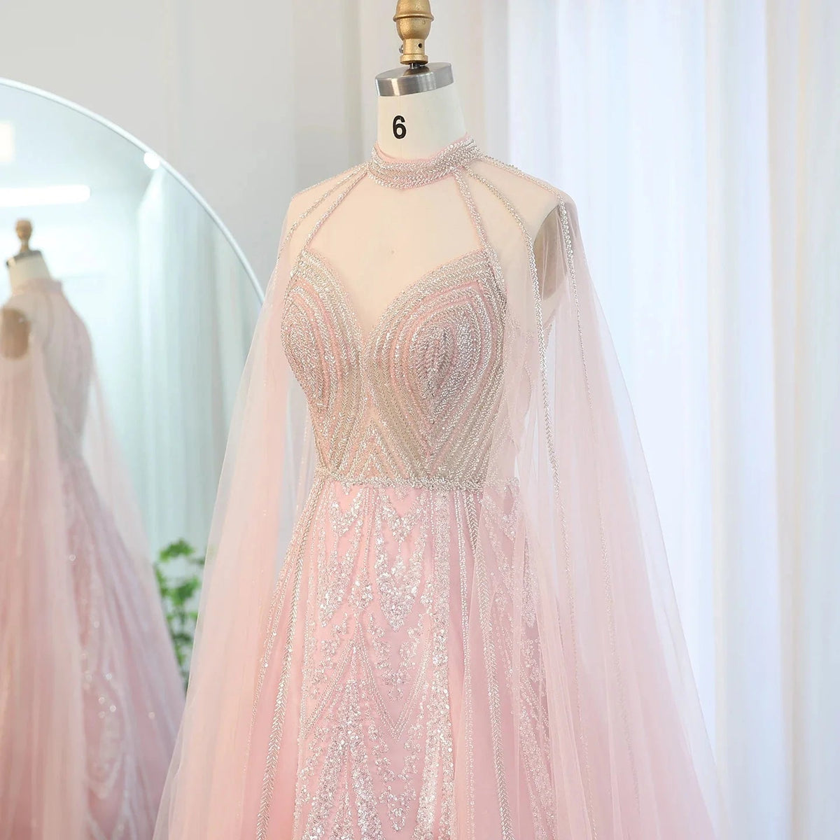 Luxury Dubai A-line Blue Evening Dress with Cape Sleeves Elegant Pink Yellow Plus Size for Women Wedding Party SS090