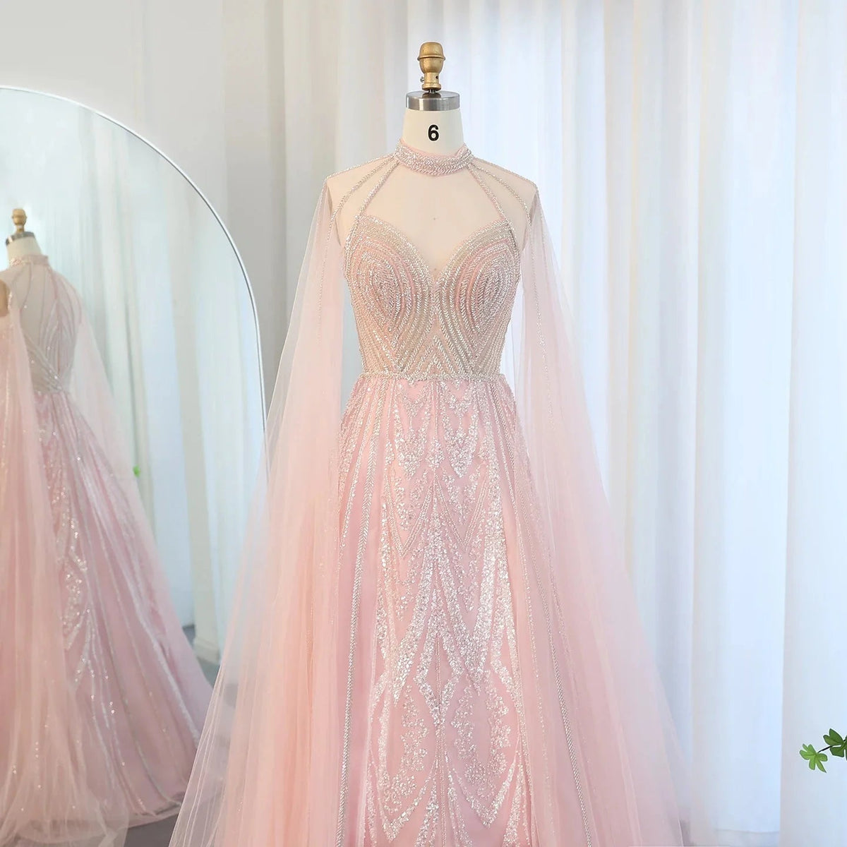 Luxury Dubai A-line Blue Evening Dress with Cape Sleeves Elegant Pink Yellow Plus Size for Women Wedding Party SS090