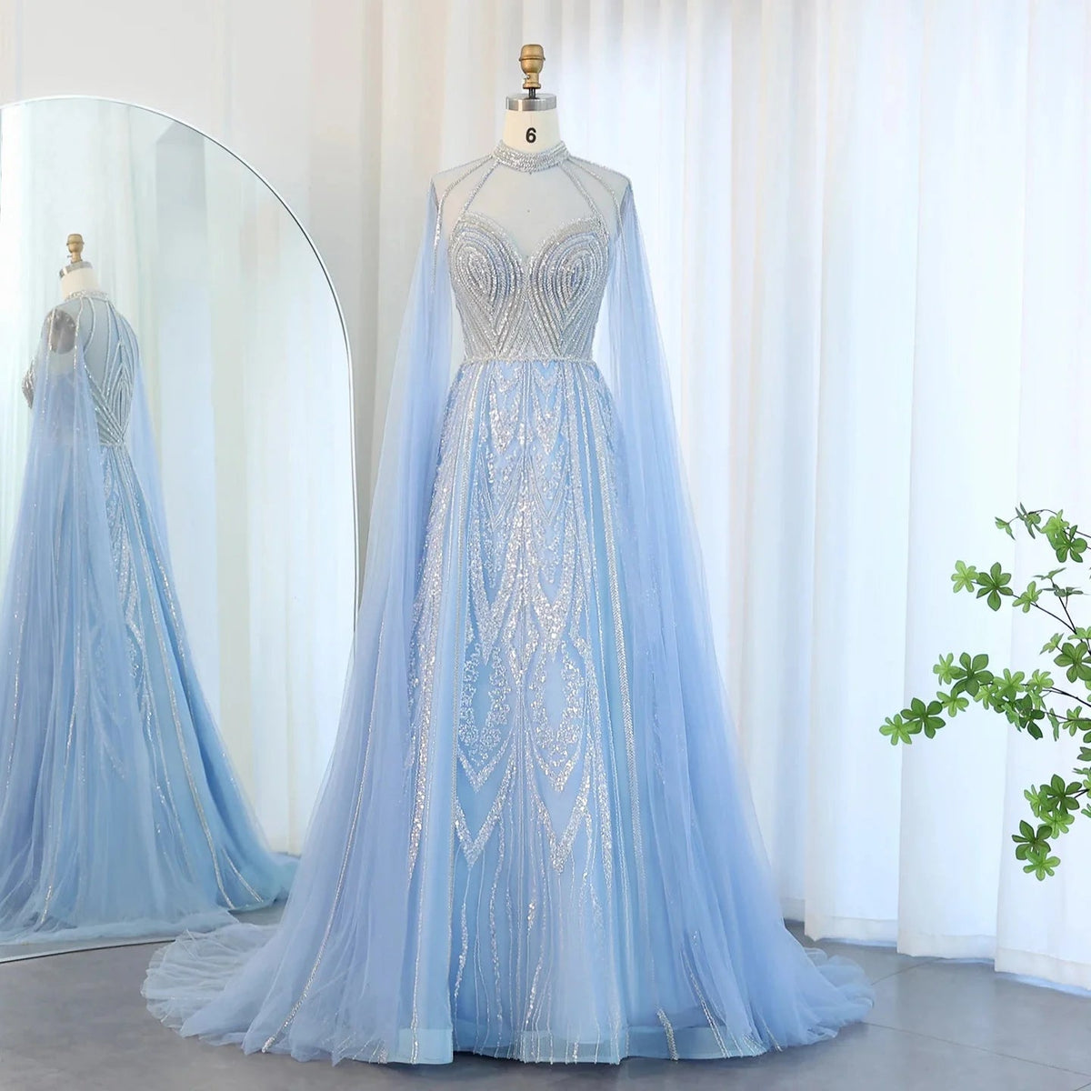 Luxury Dubai A-line Blue Evening Dress with Cape Sleeves Elegant Pink Yellow Plus Size for Women Wedding Party SS090