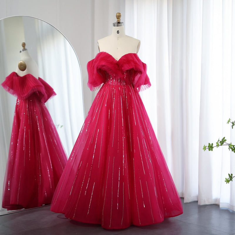 Luxury Dubai Ball Gown Fuchsia Evening Dress for Women Wedding 2023 Off Shoulder Arabic Celebrity Party Gown SS390