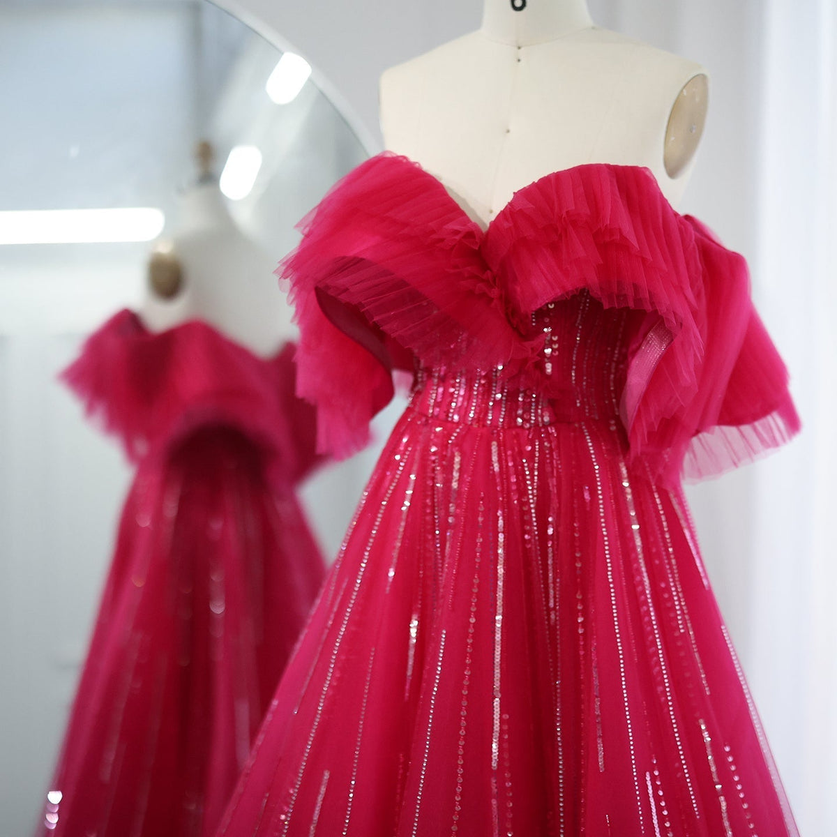 Luxury Dubai Ball Gown Fuchsia Evening Dress for Women Wedding 2023 Off Shoulder Arabic Celebrity Party Gown SS390