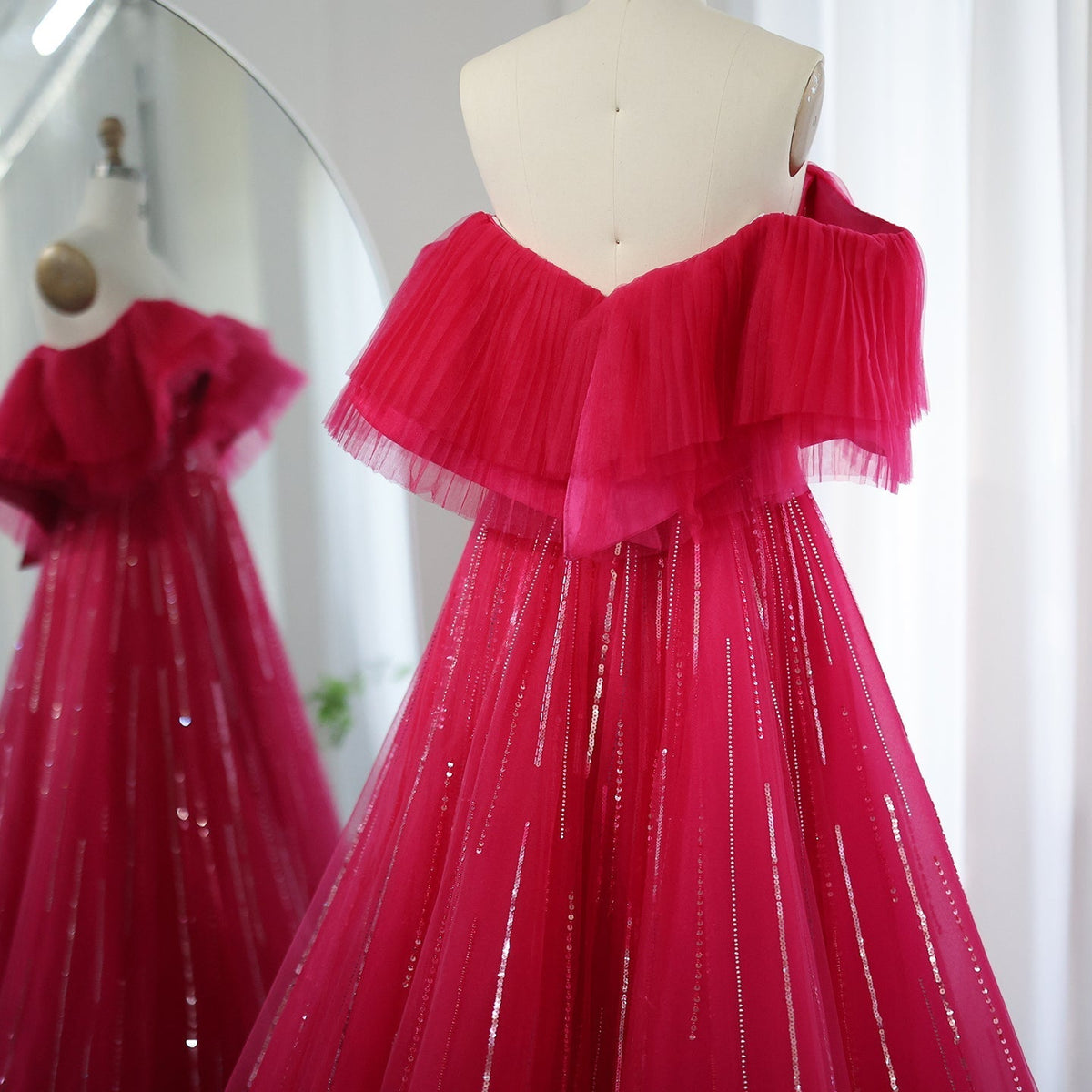 Luxury Dubai Ball Gown Fuchsia Evening Dress for Women Wedding 2023 Off Shoulder Arabic Celebrity Party Gown SS390