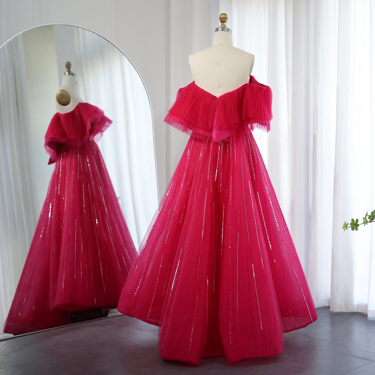 Luxury Dubai Ball Gown Fuchsia Evening Dress for Women Wedding 2023 Off Shoulder Arabic Celebrity Party Gown SS390