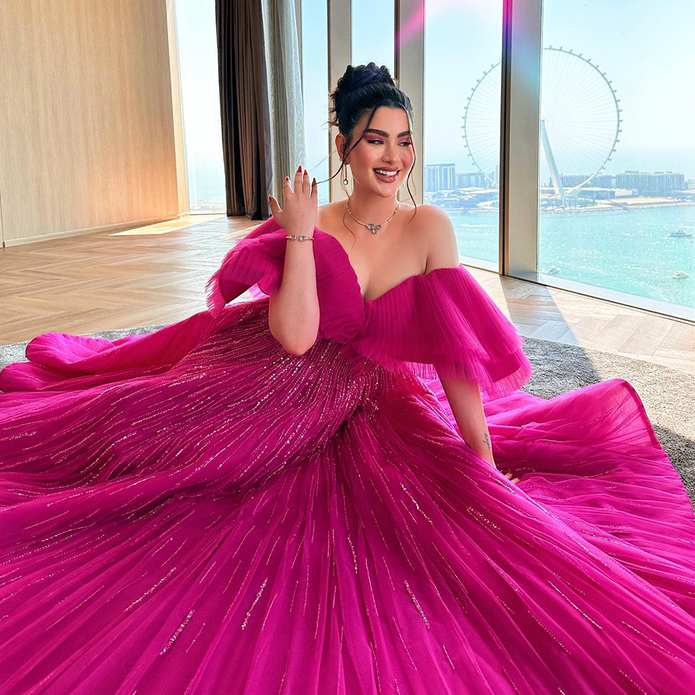 Luxury Dubai Ball Gown Fuchsia Evening Dress for Women Wedding 2023 Off Shoulder Arabic Celebrity Party Gown SS390