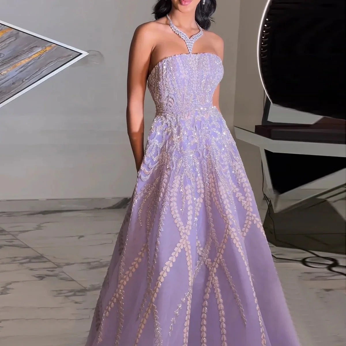 Luxury Dubai Beaded Arabic Lilac Evening Dress with Sleeves Elegant Strapless Women Wedding Party Gowns SS462
