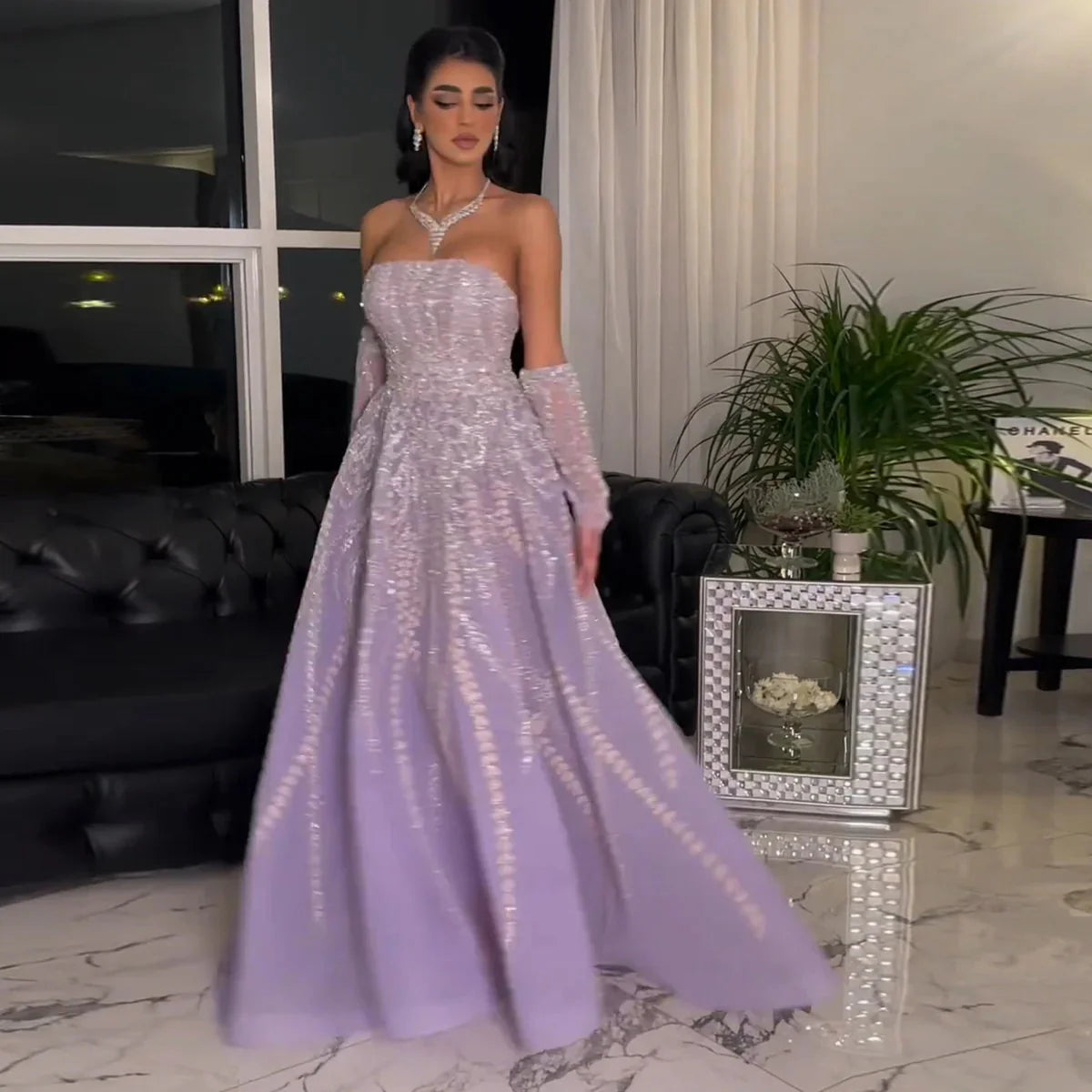 Luxury Dubai Beaded Arabic Lilac Evening Dress with Sleeves Elegant Strapless Women Wedding Party Gowns SS462