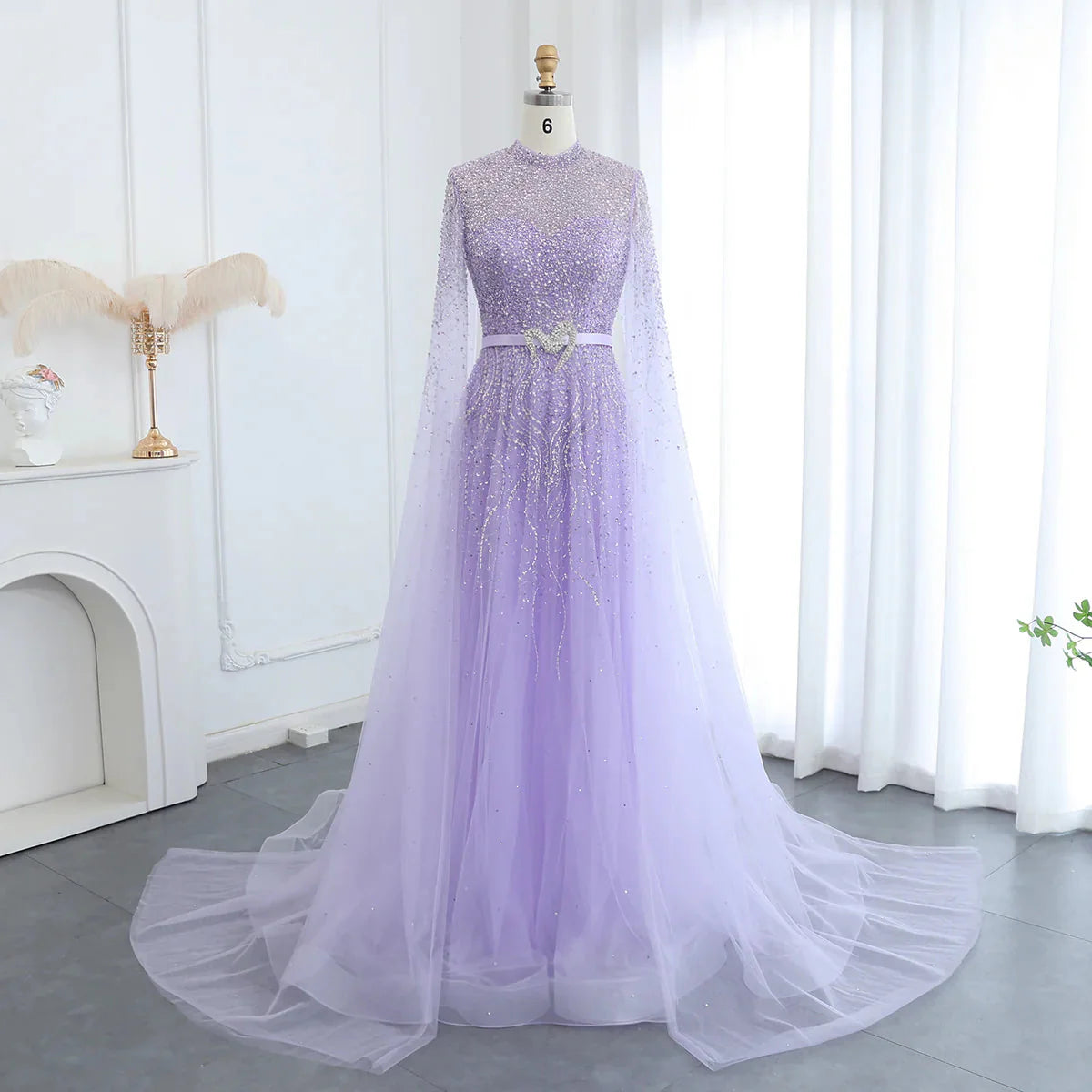 Luxury Dubai Blue Arabic Evening Dress with Cape Sleeves Elegant High Neck Muslim Women Wedding Party Gowns SS451