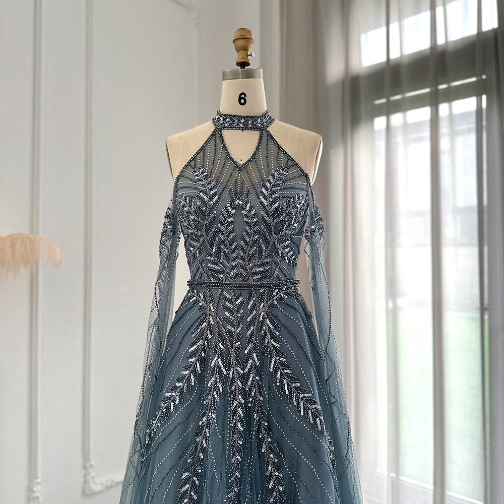 Luxury Dubai Blue Evening Dresses with Cape Sleeves Elegant Silver Gray Gold Women Wedding Party Gown In Stock SS085