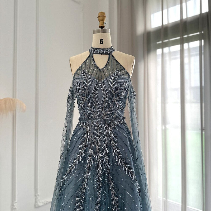 Luxury Dubai Blue Evening Dresses with Cape Sleeves Elegant Silver Gray Gold Women Wedding Party Gown In Stock SS085