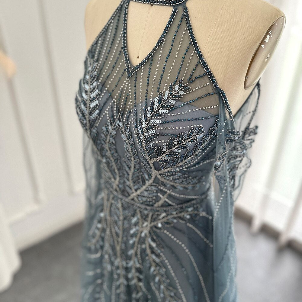 Luxury Dubai Blue Evening Dresses with Cape Sleeves Elegant Silver Gray Gold Women Wedding Party Gown In Stock SS085
