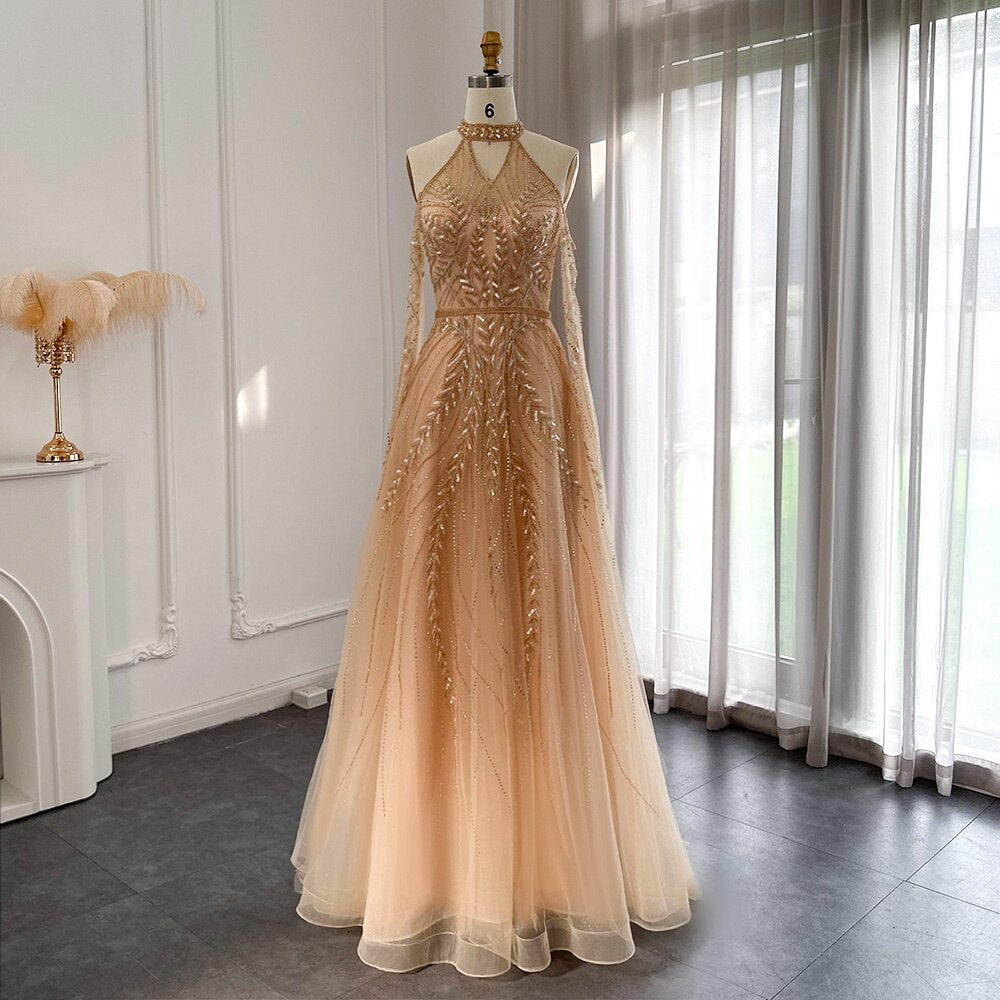 Luxury Dubai Blue Evening Dresses with Cape Sleeves Elegant Silver Gray Gold Women Wedding Party Gown In Stock SS085