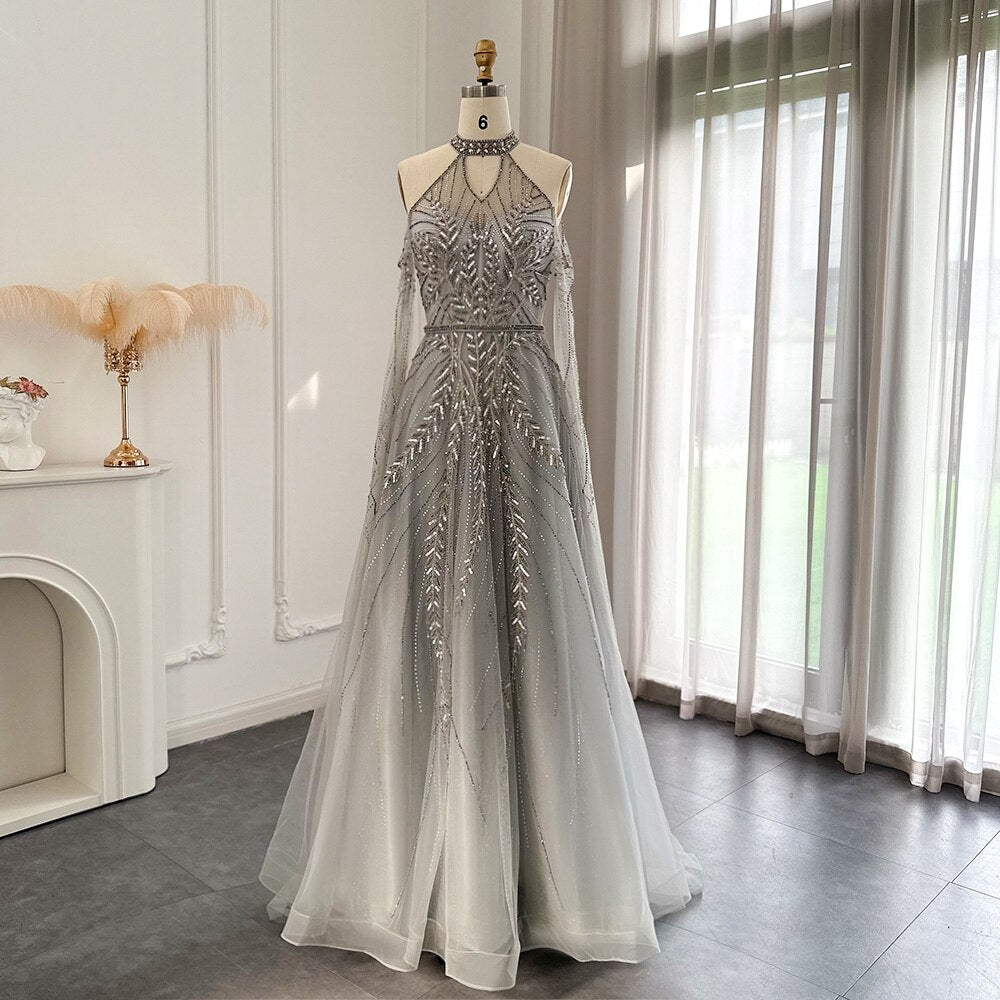 Luxury Dubai Blue Evening Dresses with Cape Sleeves Elegant Silver Gray Gold Women Wedding Party Gown In Stock SS085