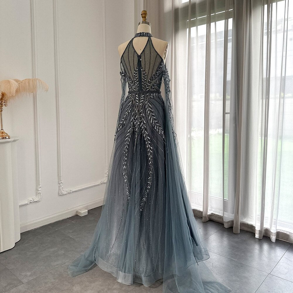 Luxury Dubai Blue Evening Dresses with Cape Sleeves Elegant Silver Gray Gold Women Wedding Party Gown In Stock SS085
