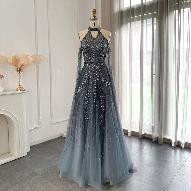 Luxury Dubai Blue Evening Dresses with Cape Sleeves Elegant Silver Gray Gold Women Wedding Party Gown In Stock SS085