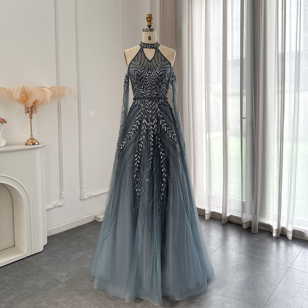 Luxury Dubai Blue Evening Dresses with Cape Sleeves Elegant Silver Gray Gold Women Wedding Party Gown In Stock SS085