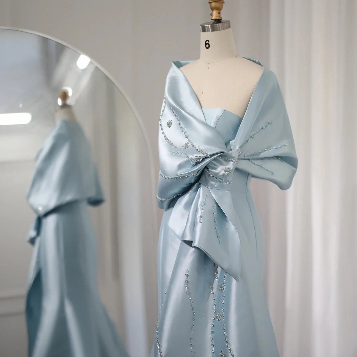 Luxury Dubai Blue Mermaid Arabic Evening Dresses with Cape Shawl Beaded Elegant Women Wedding Guest Party Gown SS333