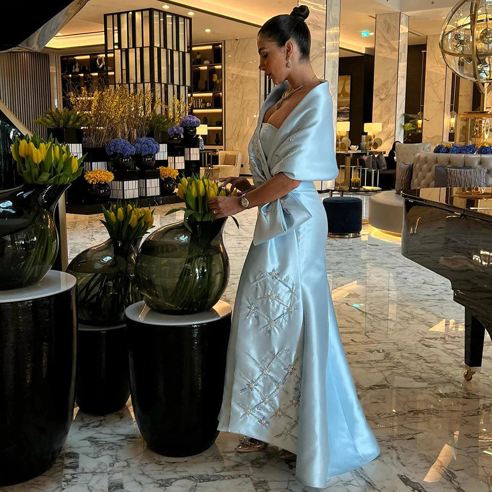 Luxury Dubai Blue Mermaid Arabic Evening Dresses with Cape Shawl Beaded Elegant Women Wedding Guest Party Gown SS333
