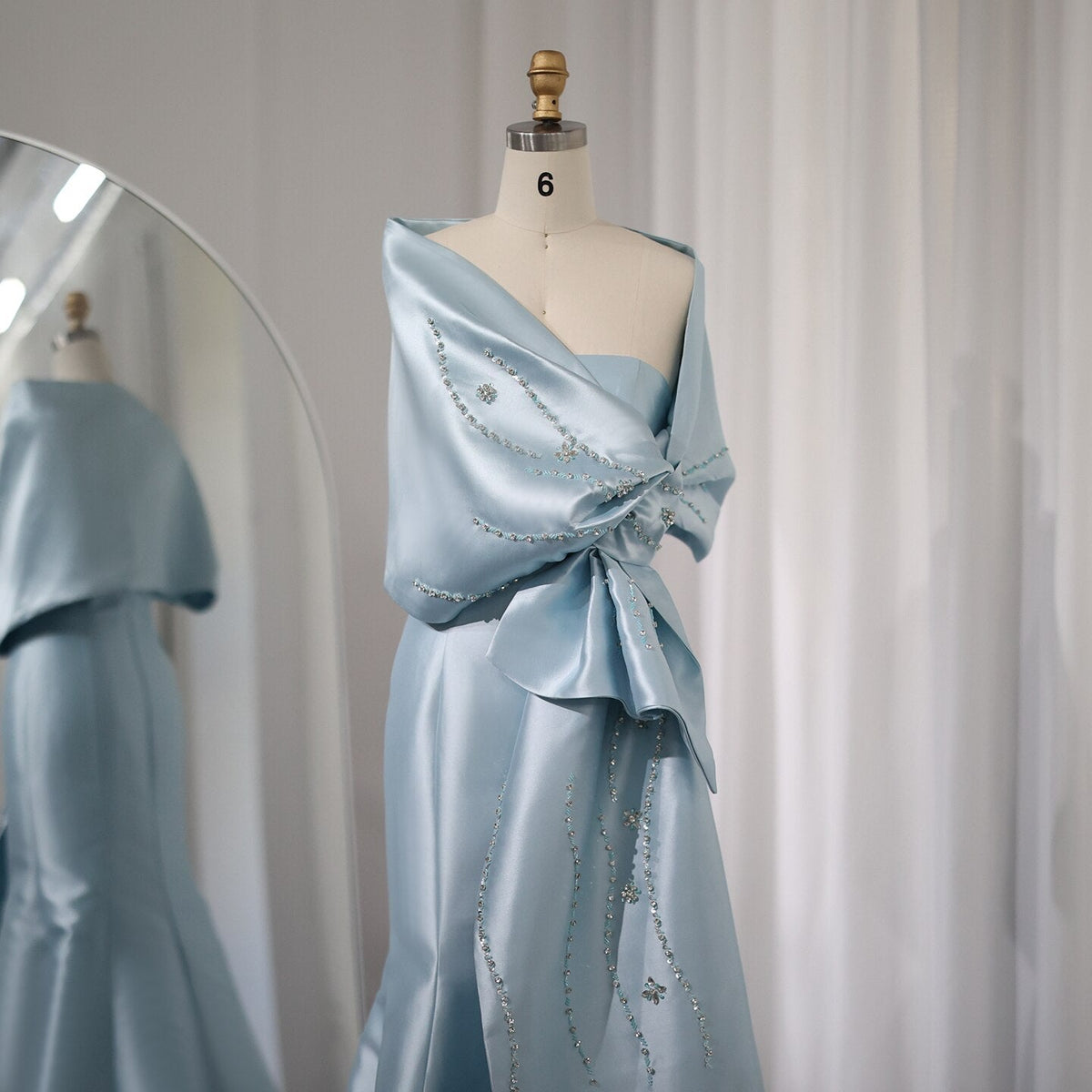 Luxury Dubai Blue Mermaid Arabic Evening Dresses with Cape Shawl Beaded Elegant Women Wedding Guest Party Gown SS333
