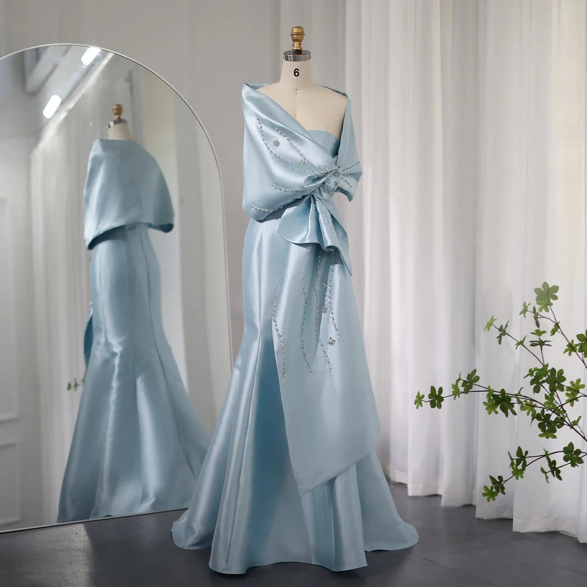 Luxury Dubai Blue Mermaid Arabic Evening Dresses with Cape Shawl Beaded Elegant Women Wedding Guest Party Gown SS333
