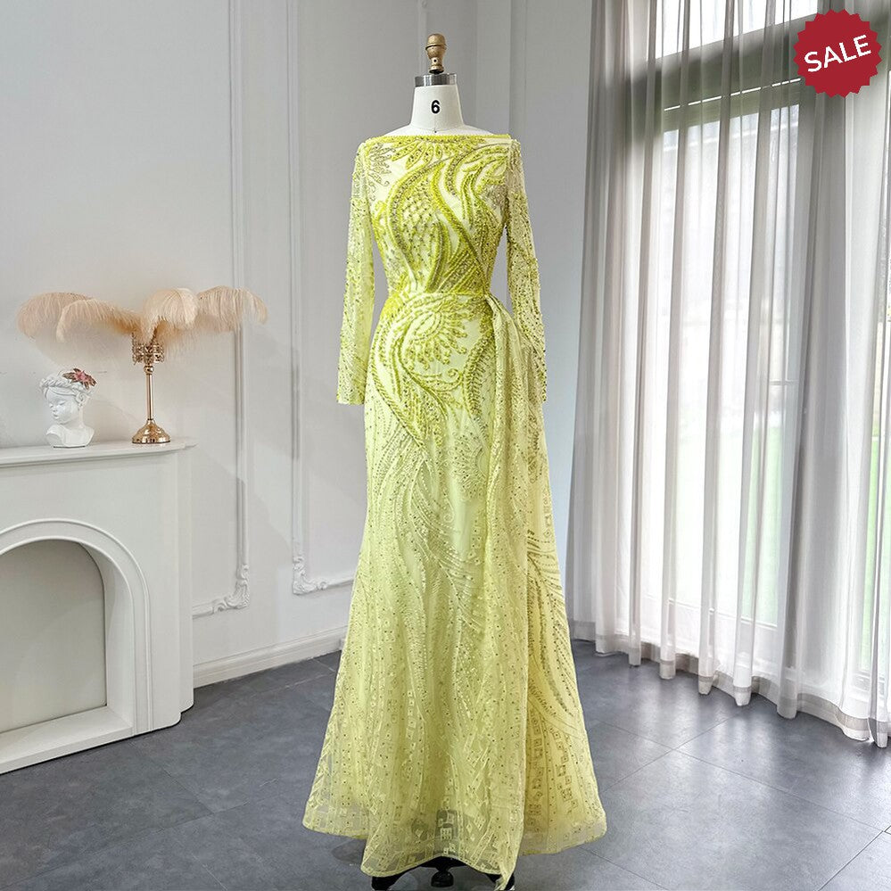 Luxury Dubai Blue Mermaid Muslim Evening Dress Overskirt Long Sleeve Plus Size Women Wedding Guest Party Gowns SS141