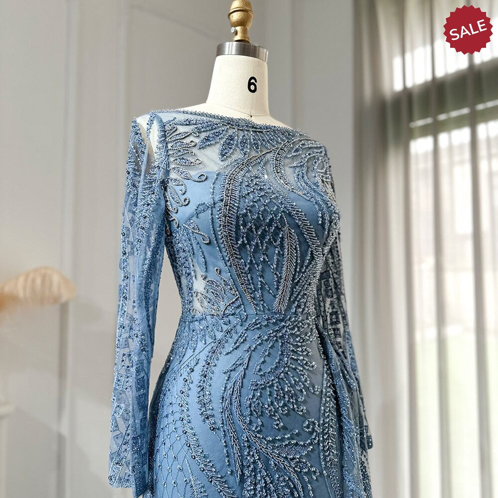 Luxury Dubai Blue Mermaid Muslim Evening Dress Overskirt Long Sleeve Plus Size Women Wedding Guest Party Gowns SS141