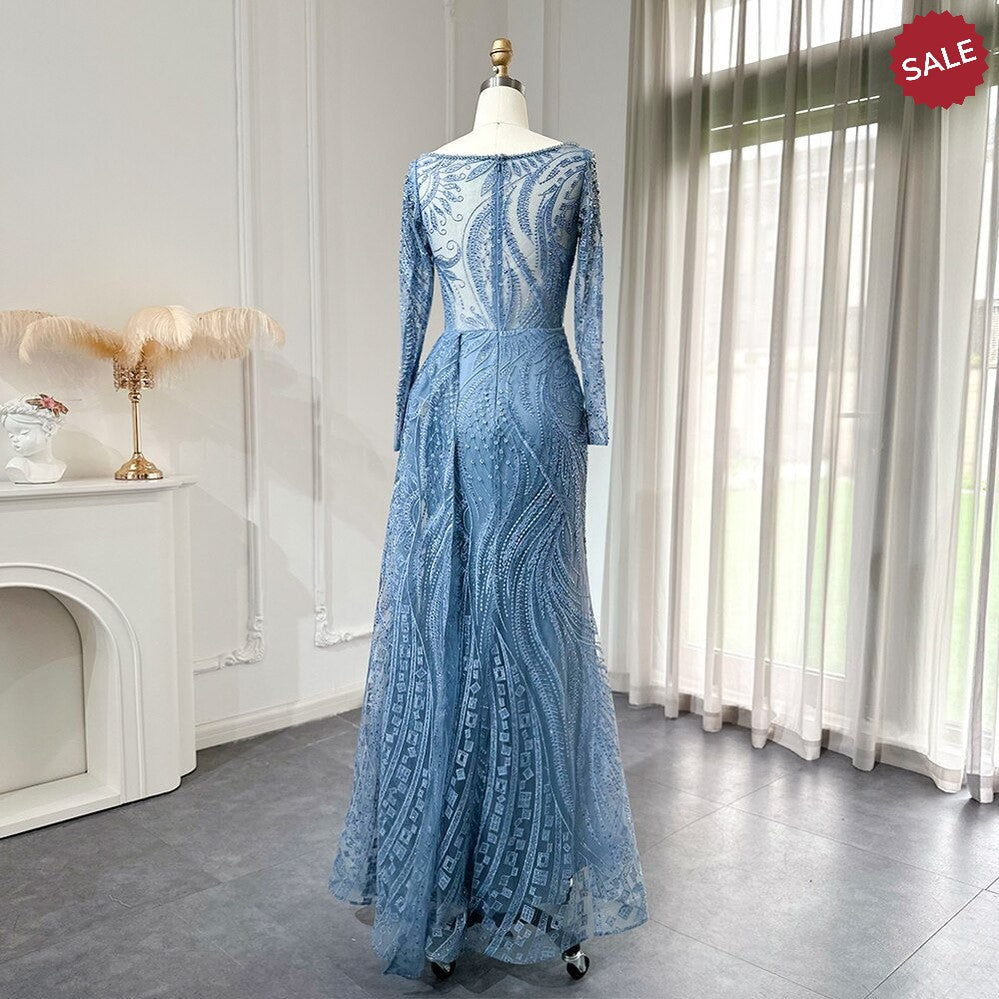 Luxury Dubai Blue Mermaid Muslim Evening Dress Overskirt Long Sleeve Plus Size Women Wedding Guest Party Gowns SS141