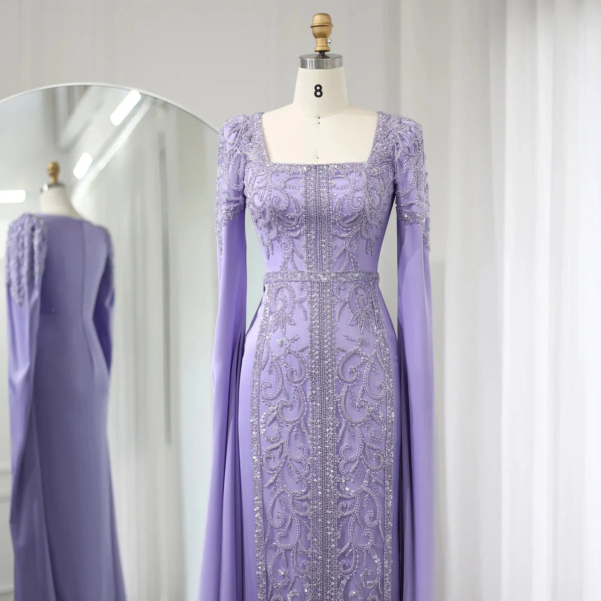Luxury Dubai Blue Mermaid Muslim Evening Dresses with Cape Sleeves Arabic Women Wedding Engagement Party Gowns SS365