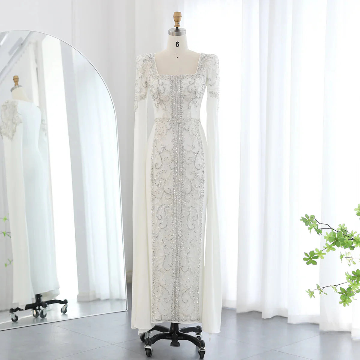 Luxury Dubai Blue Mermaid Muslim Evening Dresses with Cape Sleeves Arabic Women Wedding Engagement Party Gowns SS365