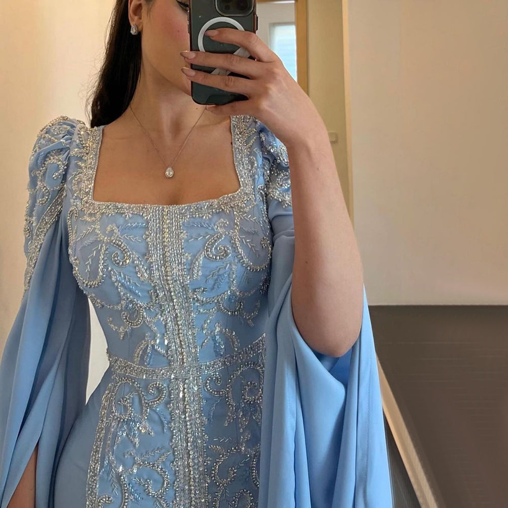 Luxury Dubai Blue Mermaid Muslim Evening Dresses with Cape Sleeves Arabic Women Wedding Engagement Party Gowns SS365