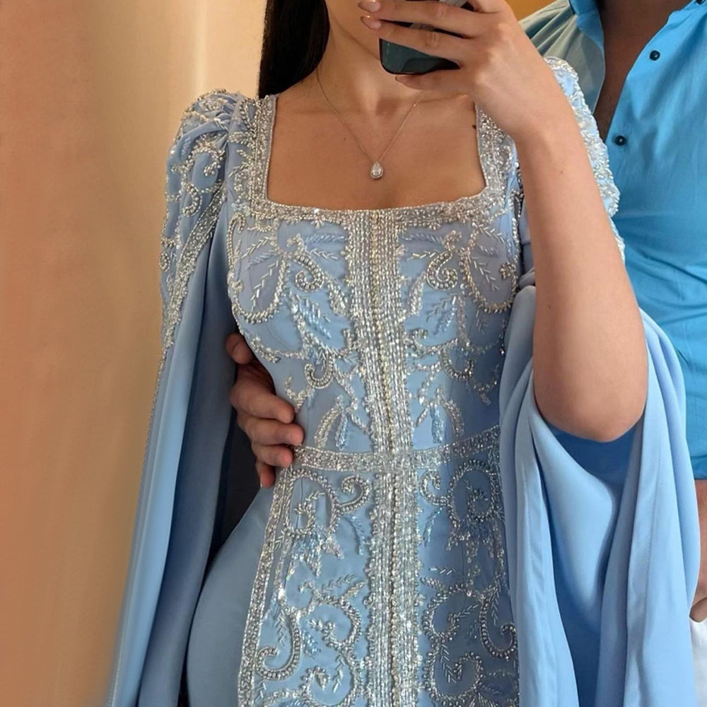 Luxury Dubai Blue Mermaid Muslim Evening Dresses with Cape Sleeves Arabic Women Wedding Engagement Party Gowns SS365