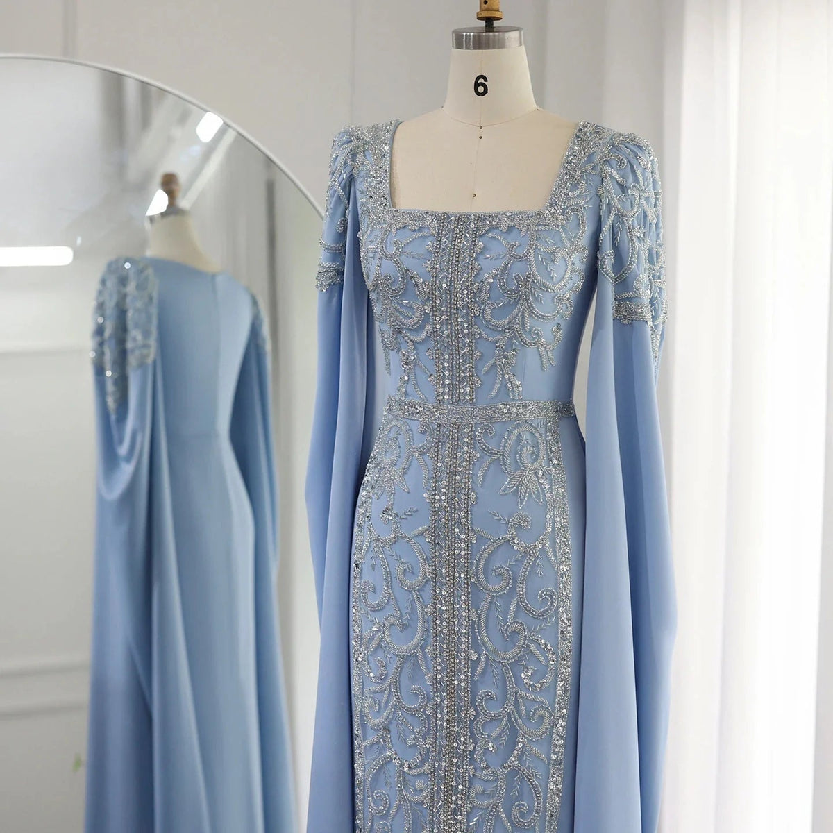 Luxury Dubai Blue Mermaid Muslim Evening Dresses with Cape Sleeves Arabic Women Wedding Engagement Party Gowns SS365