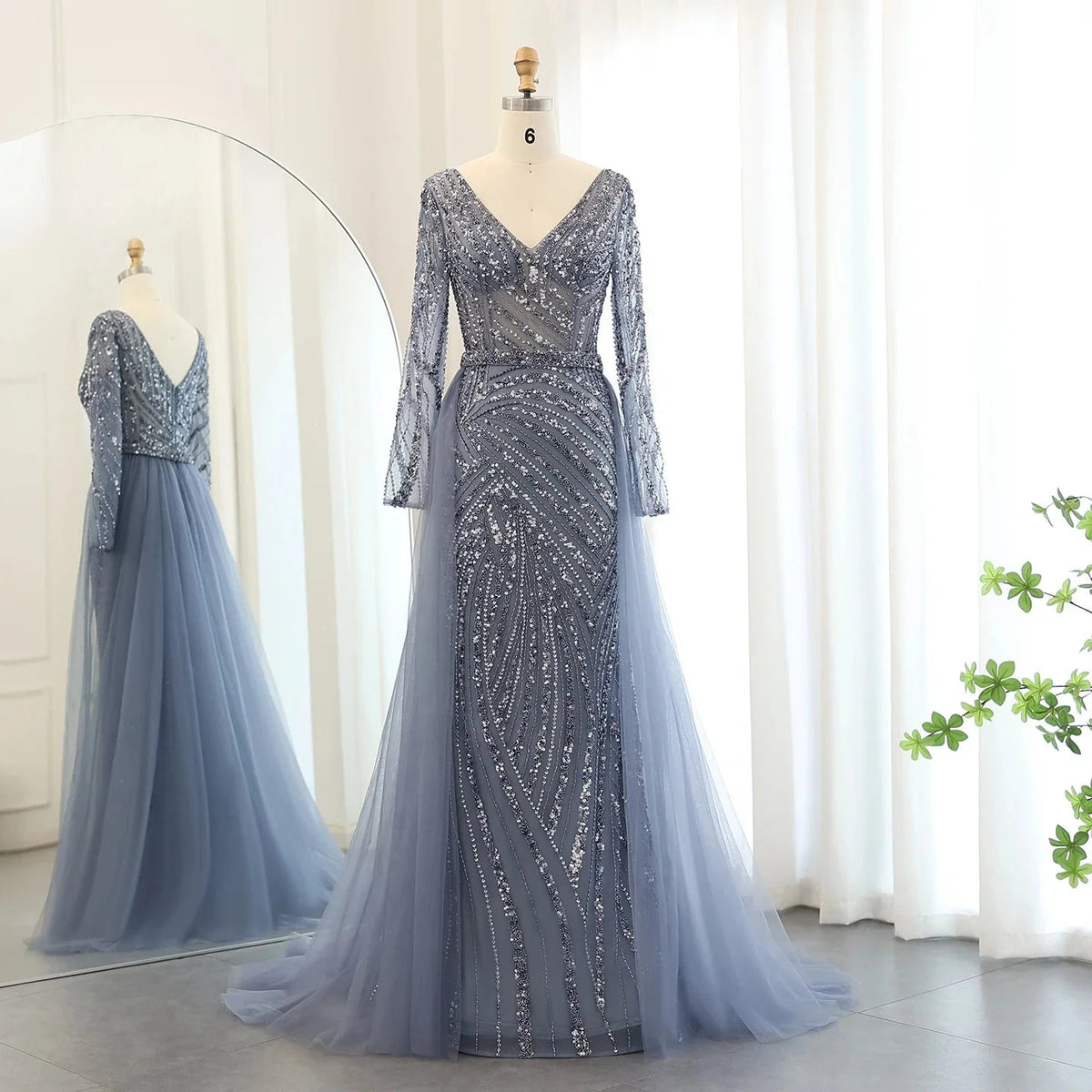 Luxury Dubai Blue Mermaid Muslim Evening Dresses with Detachable Skirt Sage Green Lilac Women Wedding Party SS432
