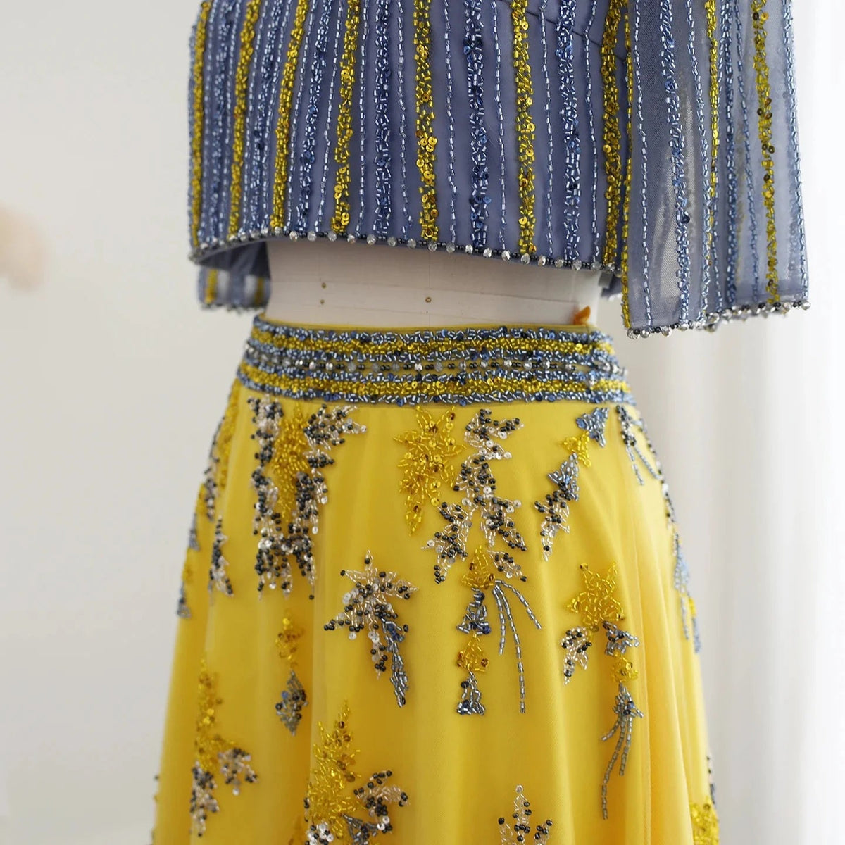 Luxury Dubai Blue Yellow 2 Pieces Evening Dresses for Women Wedding Party Elegant Long Arabic Formal Prom Gown SS490