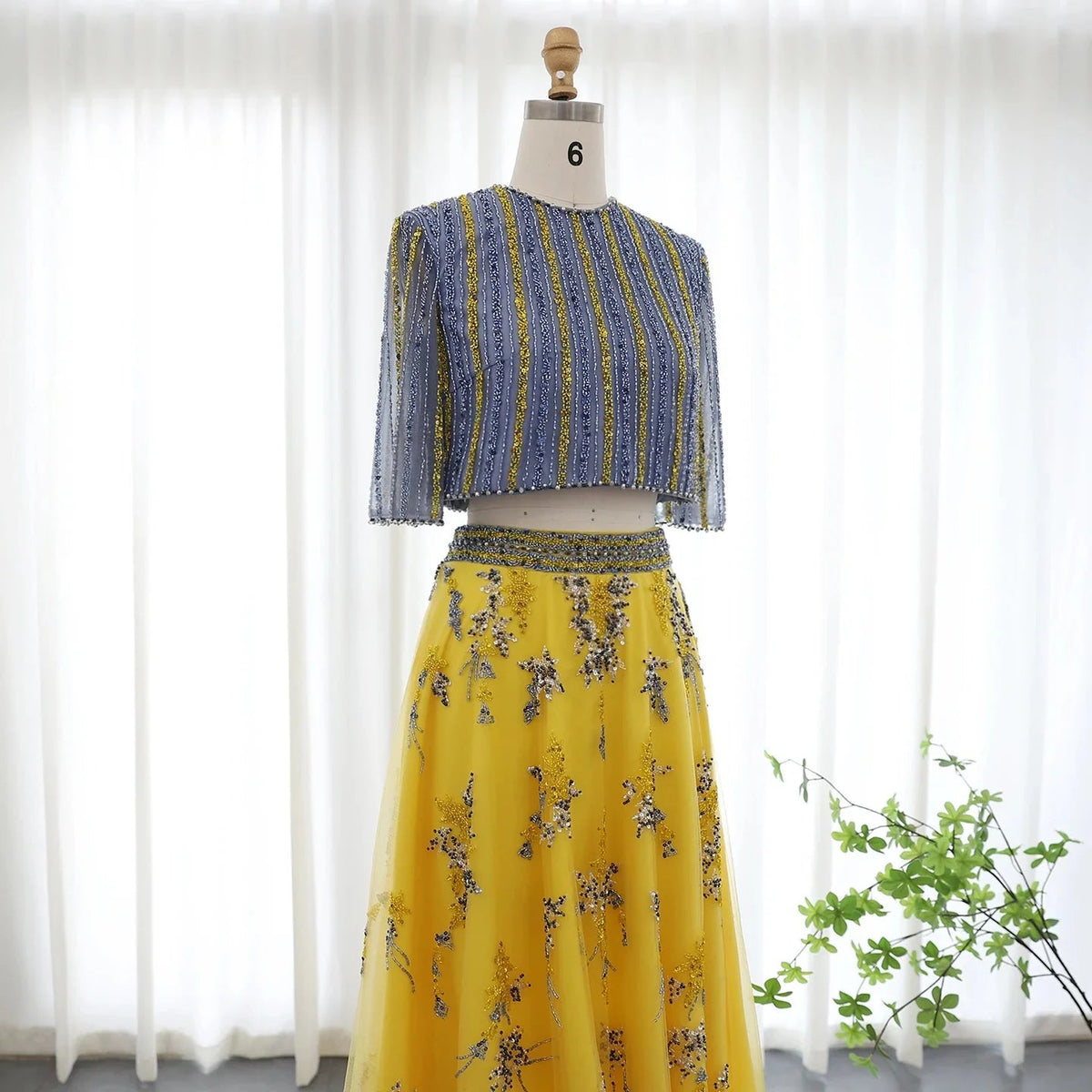 Luxury Dubai Blue Yellow 2 Pieces Evening Dresses for Women Wedding Party Elegant Long Arabic Formal Prom Gown SS490