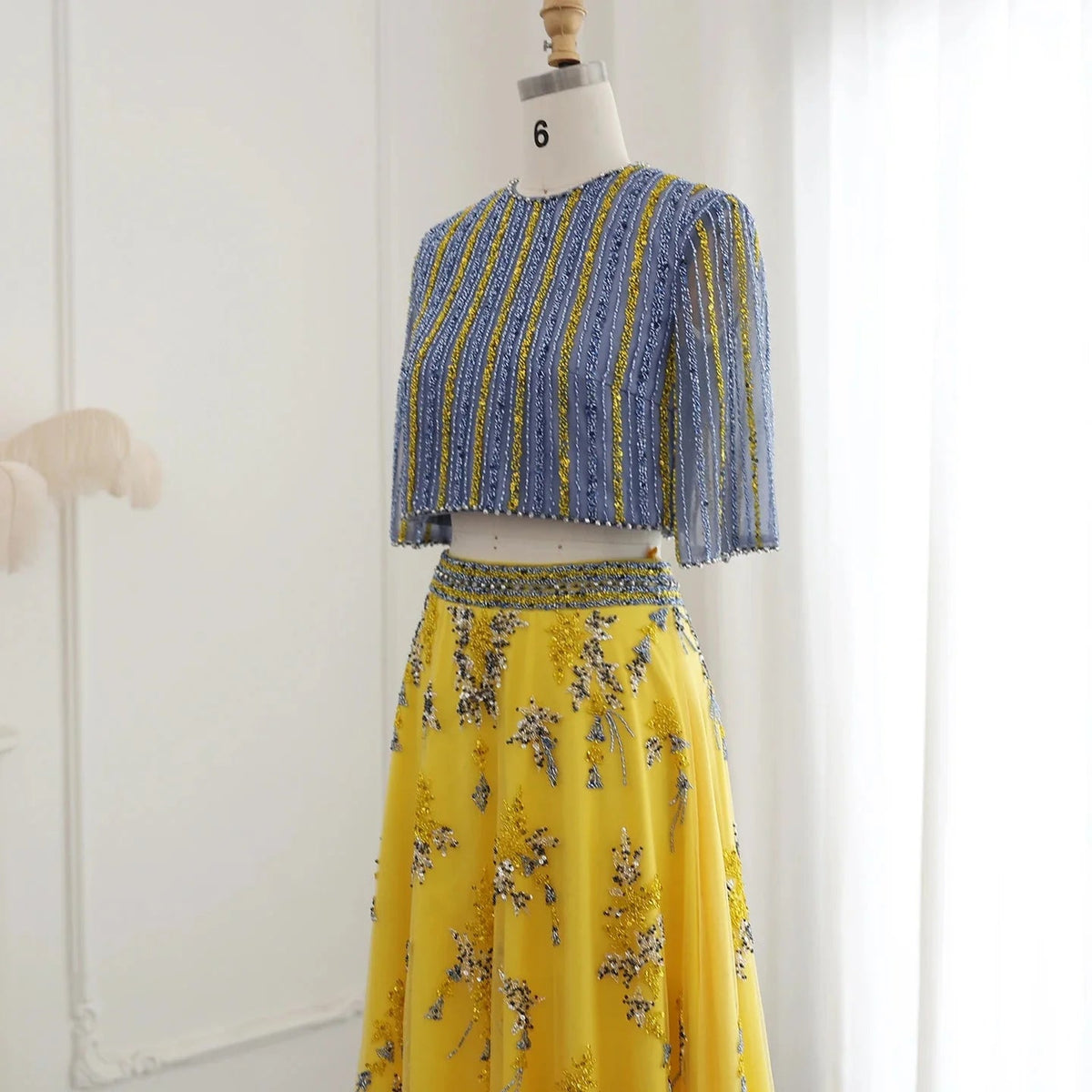 Luxury Dubai Blue Yellow 2 Pieces Evening Dresses for Women Wedding Party Elegant Long Arabic Formal Prom Gown SS490