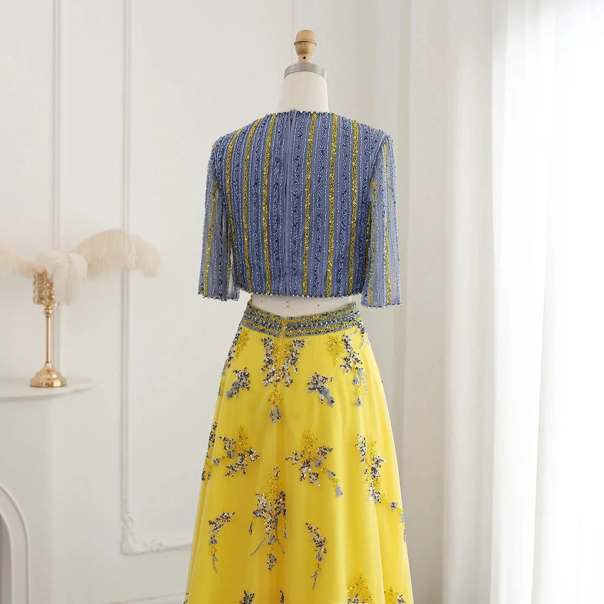 Luxury Dubai Blue Yellow 2 Pieces Evening Dresses for Women Wedding Party Elegant Long Arabic Formal Prom Gown SS490