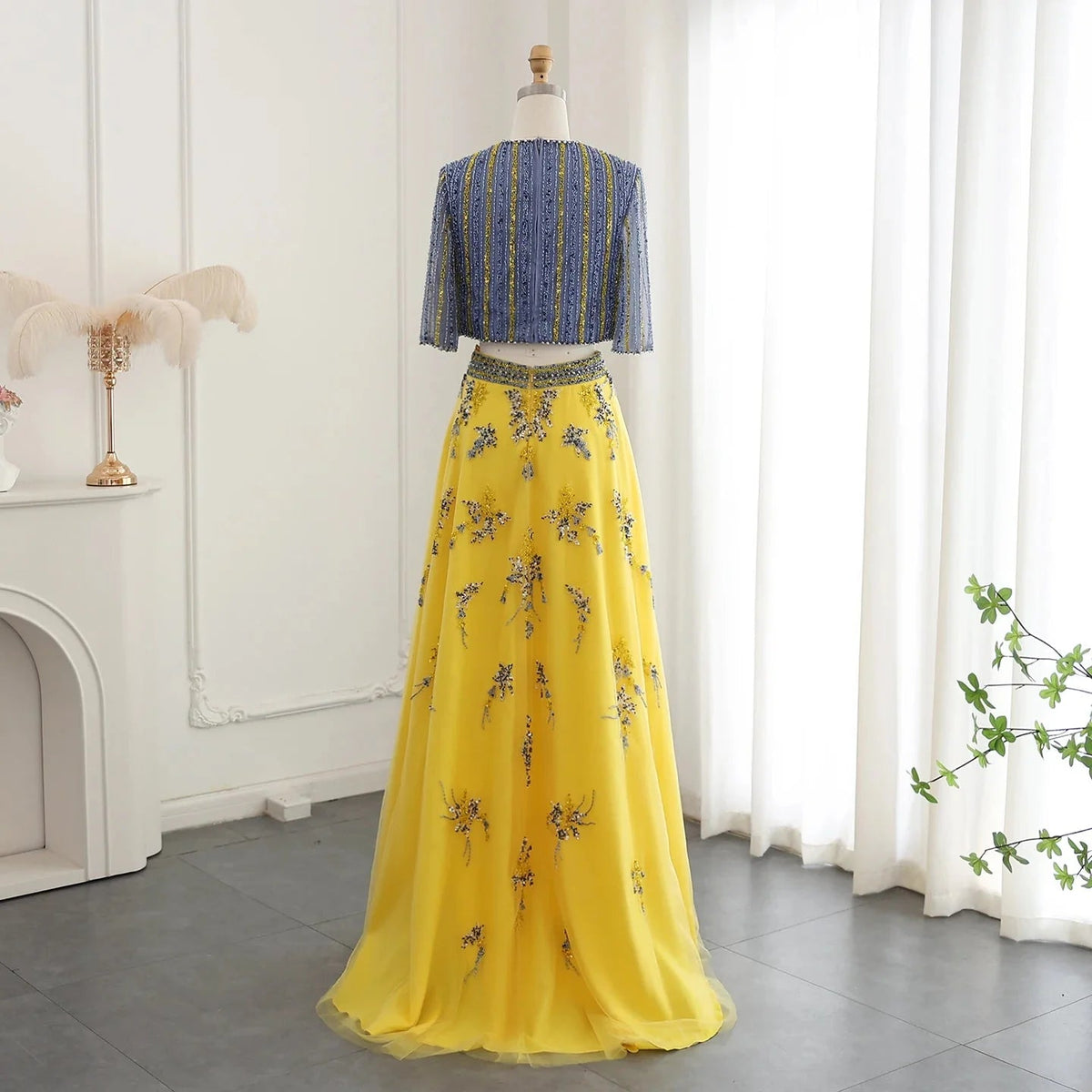 Luxury Dubai Blue Yellow 2 Pieces Evening Dresses for Women Wedding Party Elegant Long Arabic Formal Prom Gown SS490