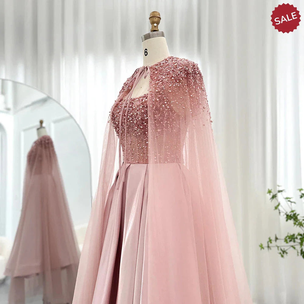 Luxury Dubai Blush Pink Arabic Evening Dress with Cape Ankle Length Short Midi Women Wedding Party Dress SS392