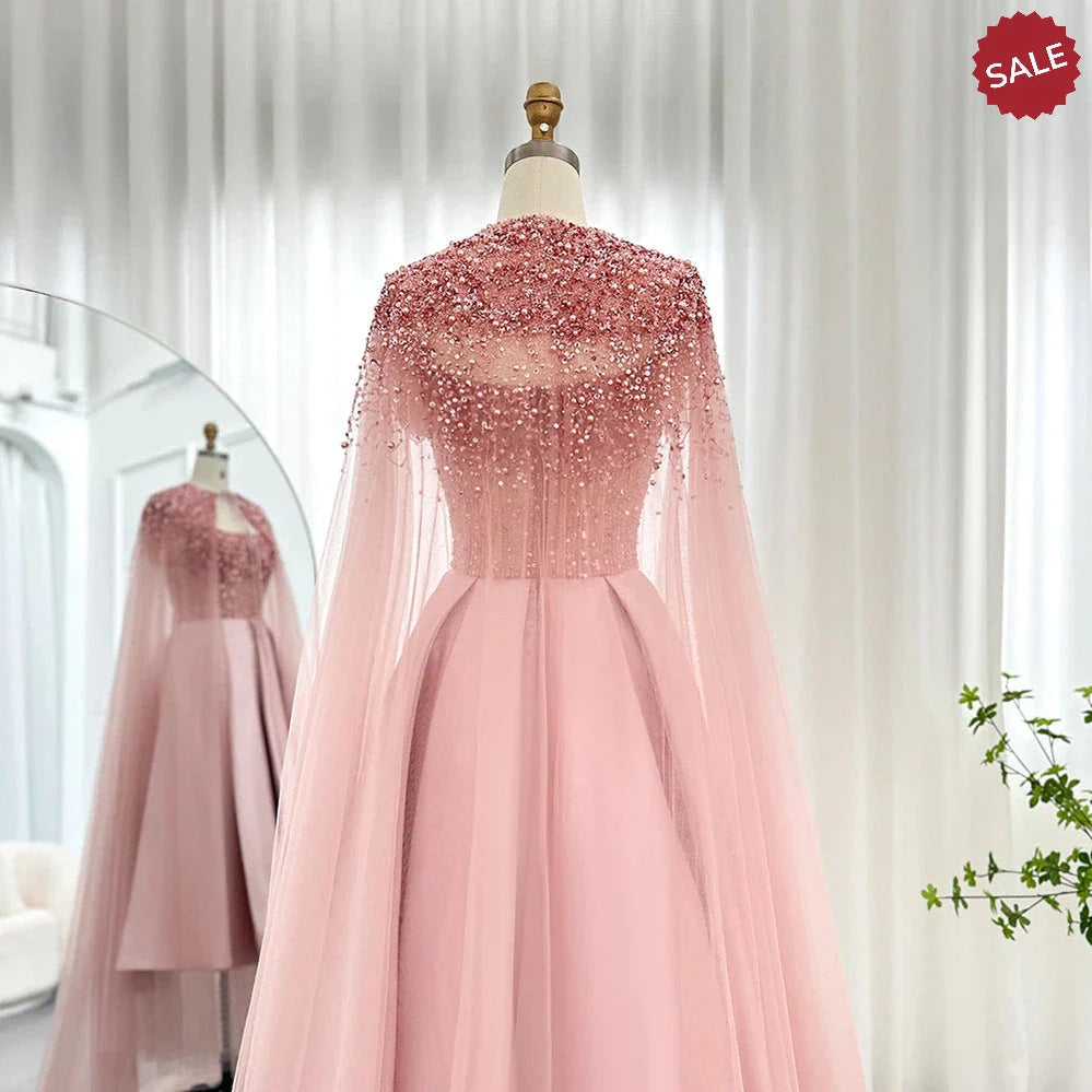 Luxury Dubai Blush Pink Arabic Evening Dress with Cape Ankle Length Short Midi Women Wedding Party Dress SS392