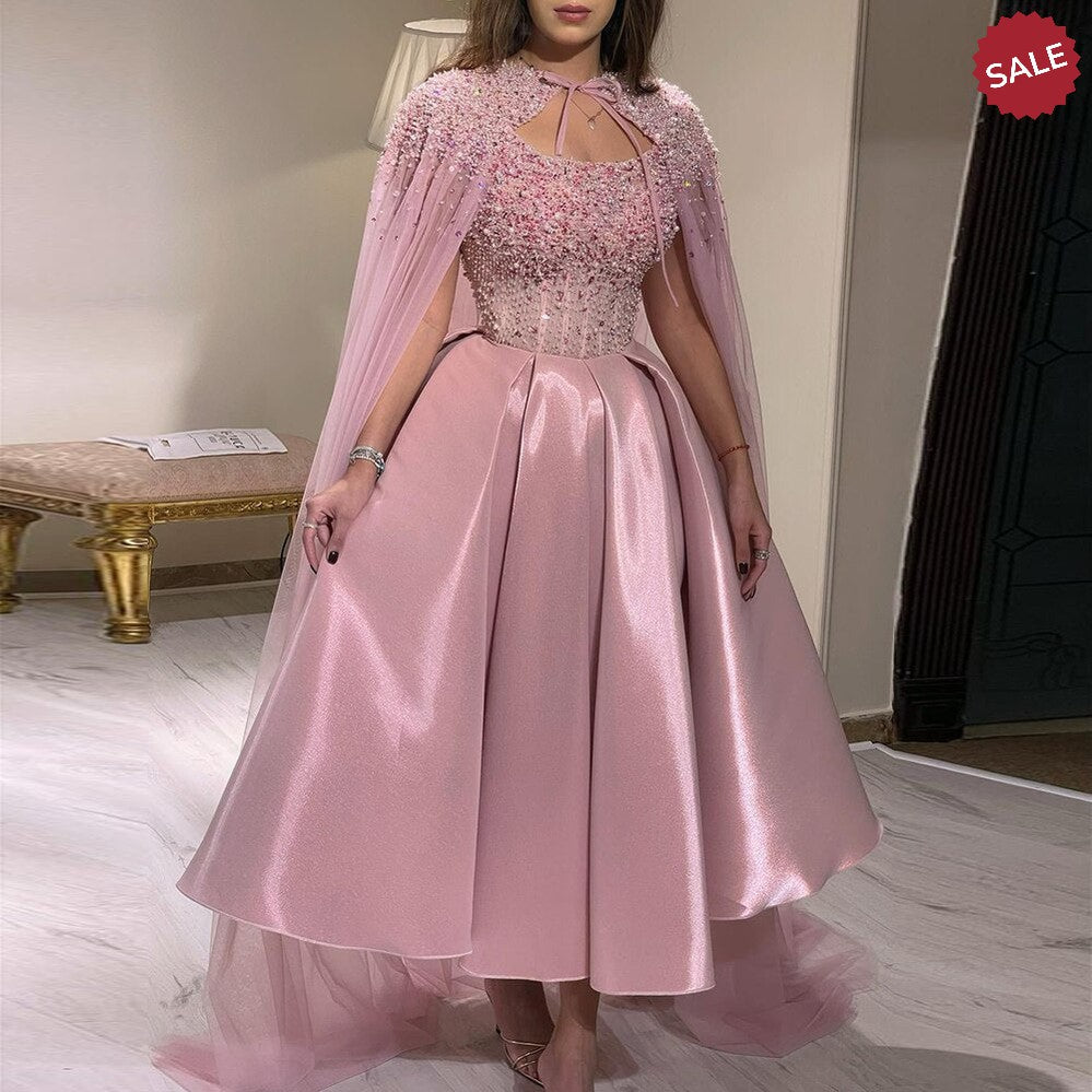 Luxury Dubai Blush Pink Arabic Evening Dress with Cape Ankle Length Short Midi Women Wedding Party Dress SS392