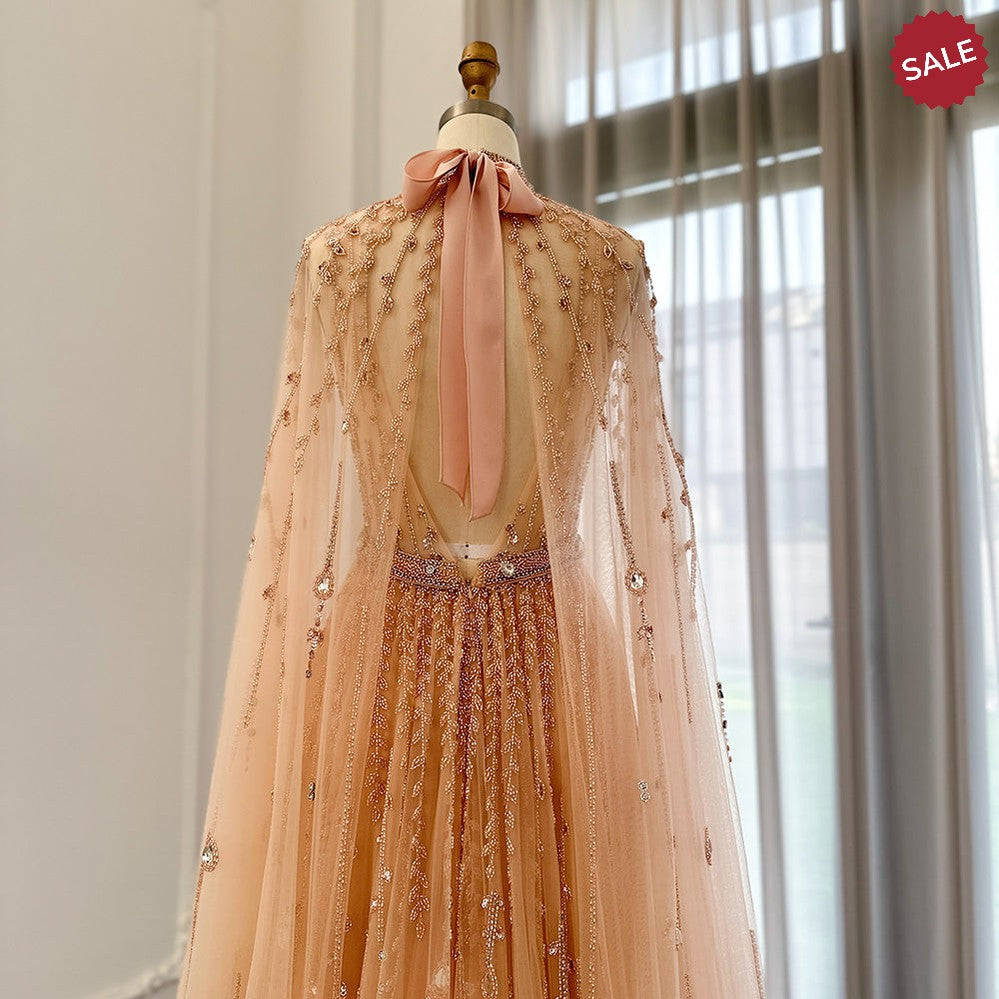 Luxury Dubai Evening Dress with Cape Sleeve 2023 Elegant Long Arabic Formal Dresses for Women Wedding Party SS495